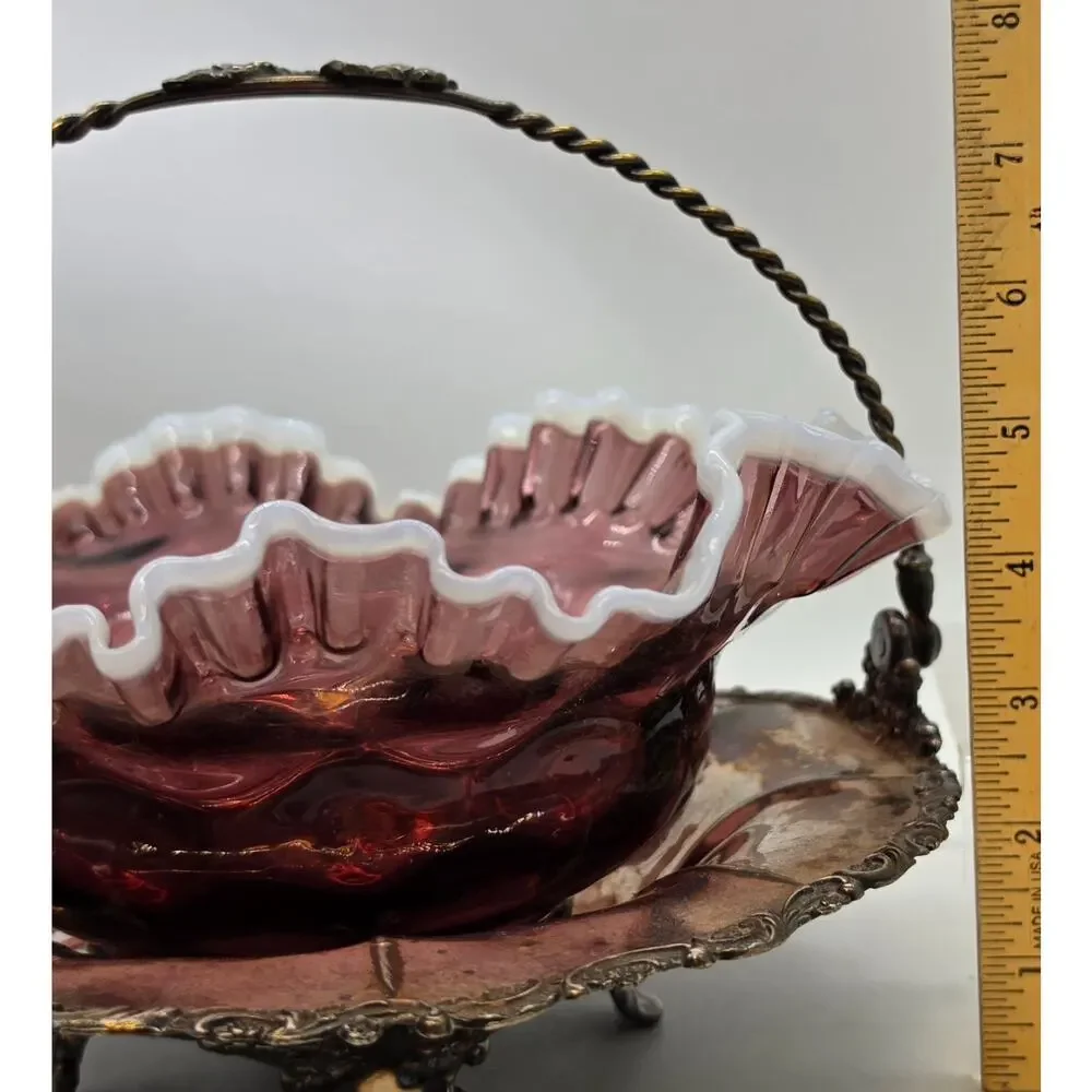 Antique Silver-Plated Brides Basket W/ Ruffled Cranberry And White Glass Bowl